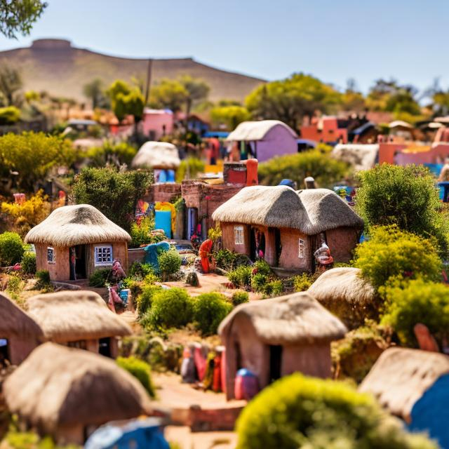 Prompt: Realistical miniature photography of a South African village: Tiny thatched-roof huts, walls painted in bright colours, African symbols, view from the street.