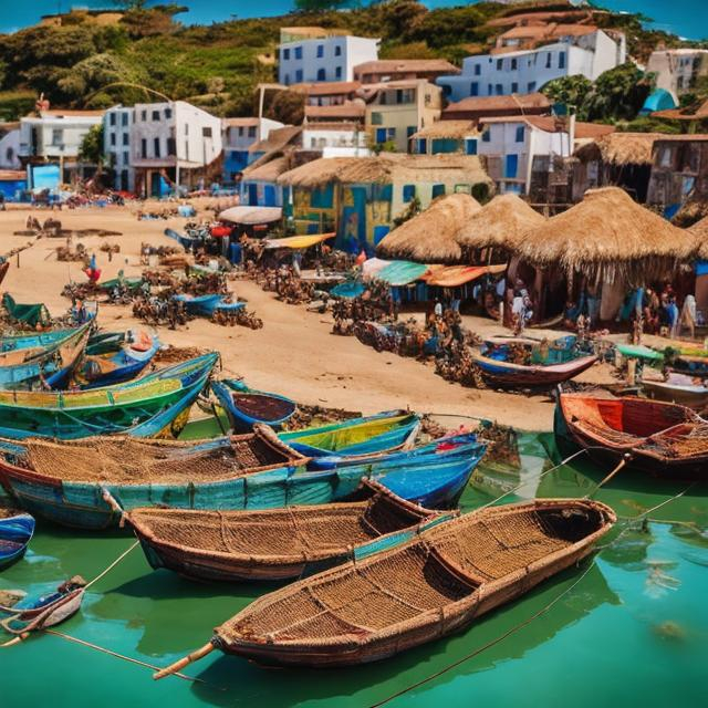 Prompt: Miniature photography, African fishing village with boats, nets, baskets, seafront