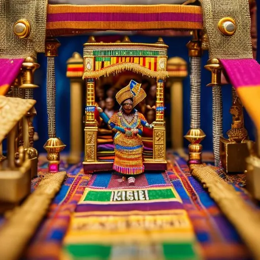 Prompt: miniature diorama macro photography, detailed and colourful kente cloth, gold jewellery, royal procession 