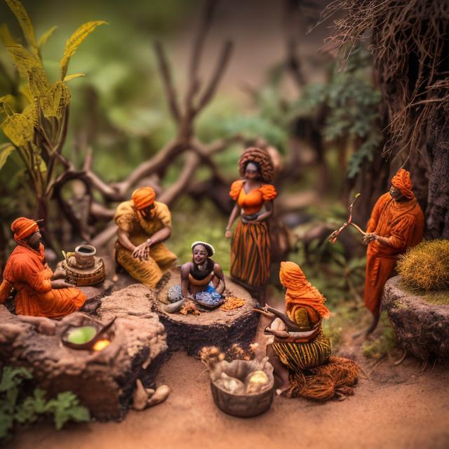 Prompt: miniature diorama macro photography, African, folktale, twilight, fire, storytelling, humans, podcast cover