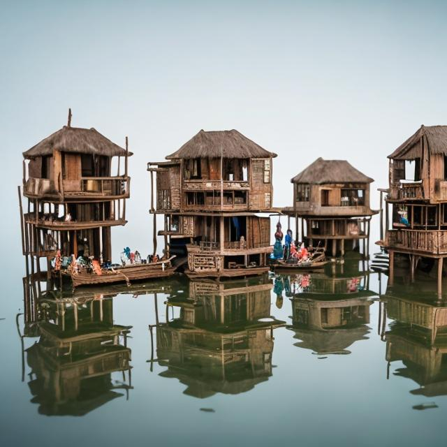 Prompt: miniature diorama macro photography, ganvié river, houses on stilts in water, Benin, people travelling by boats