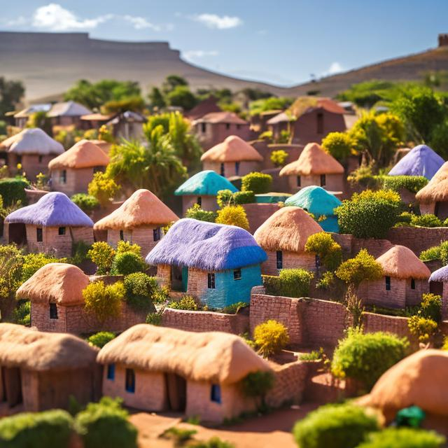 Prompt: Realistical miniature photography of a South African village: Tiny thatched-roof huts, walls painted in bright colours, African symbols, view from the street.