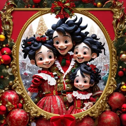 Prompt: Artwork by Daisuke Hagiwara of a 3D black family, curly hair, red and white clothes with ruffle details, Christmas background, smiling, hyper detailed and intricate, ornate, elegant (sharp focus:1.2), 8K 3D, smooth facial, eyes, nose features, vivid, vibrant, (UHD:1.2), 8k resolution, character design, doll, CloverWorks, (rendered by real engine 5)