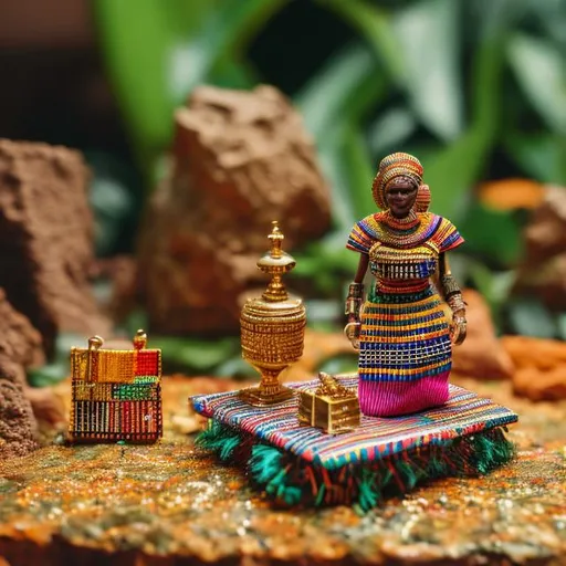 Prompt: miniature diorama macro photography, detailed and colourful kente cloth, gold jewellery, Alan culture 