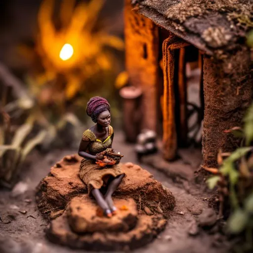 Prompt: miniature diorama macro photography, African, folktale, twilight, fire, storytelling, humans, podcast cover