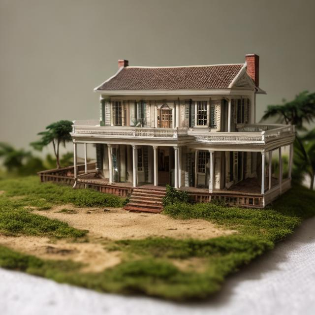 Prompt: miniature diorama macro photography, colonial style house, British, big bookshelf, Africa