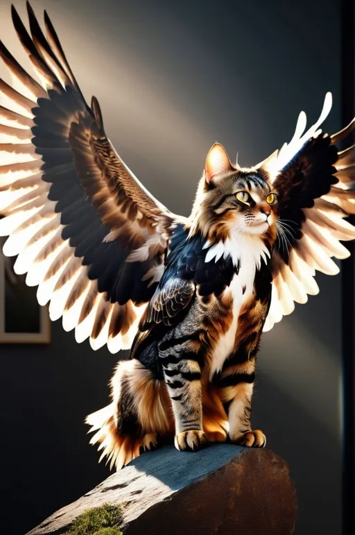 Prompt: Photorealistic cat with eagle wings, majestic pose, inspirational poster, dramatic lighting