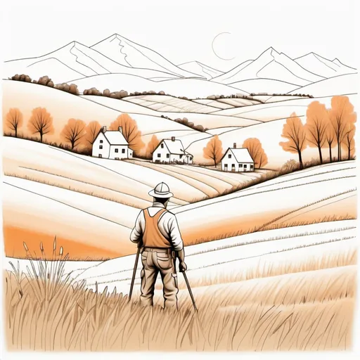 Prompt: Draw a large, white-background scene with simple linework, depicting fields, houses, and a land surveyor. Include parcel borders, and use pale orange and white tones throughout.