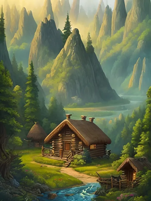 Prompt: Painting of a Cabin in the distance  in a valley with a forest and river like in a fantasy book