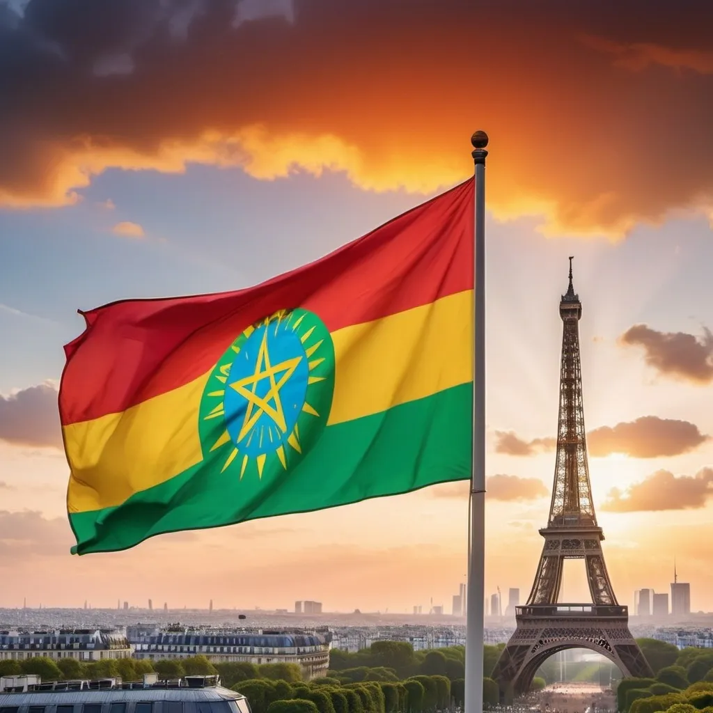 Prompt: Ethiopian flag being raised high from other national flags in paris Olympic 2024