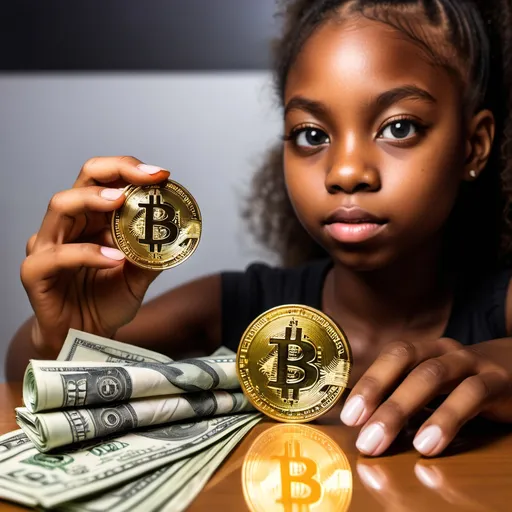 Prompt: A bitcoin coin next to rolled up real money and a black girl