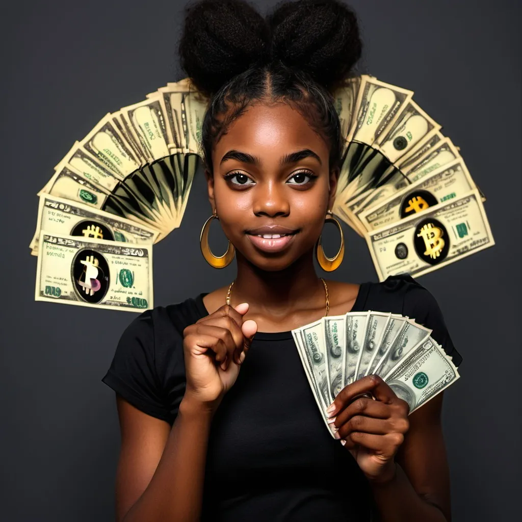 Prompt: black young woman with bitcoin and money