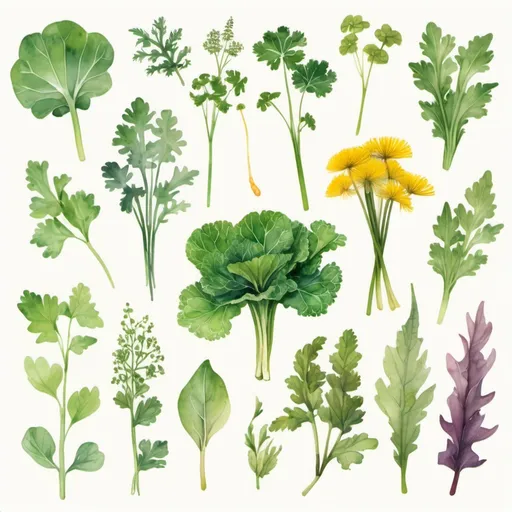 Prompt: create 12 watercolor-like images that correspond to a month of the year, from September to December. Each image represents an edible plant, in bright, colorful tones with a spiritual side. Kale, Lamb's lettuce, Nettle, Dandelion, Bear's garlic, Nasturtium, Basil, Mint, Watercress, Jerusalem artichoke, Wild leek, Salsify