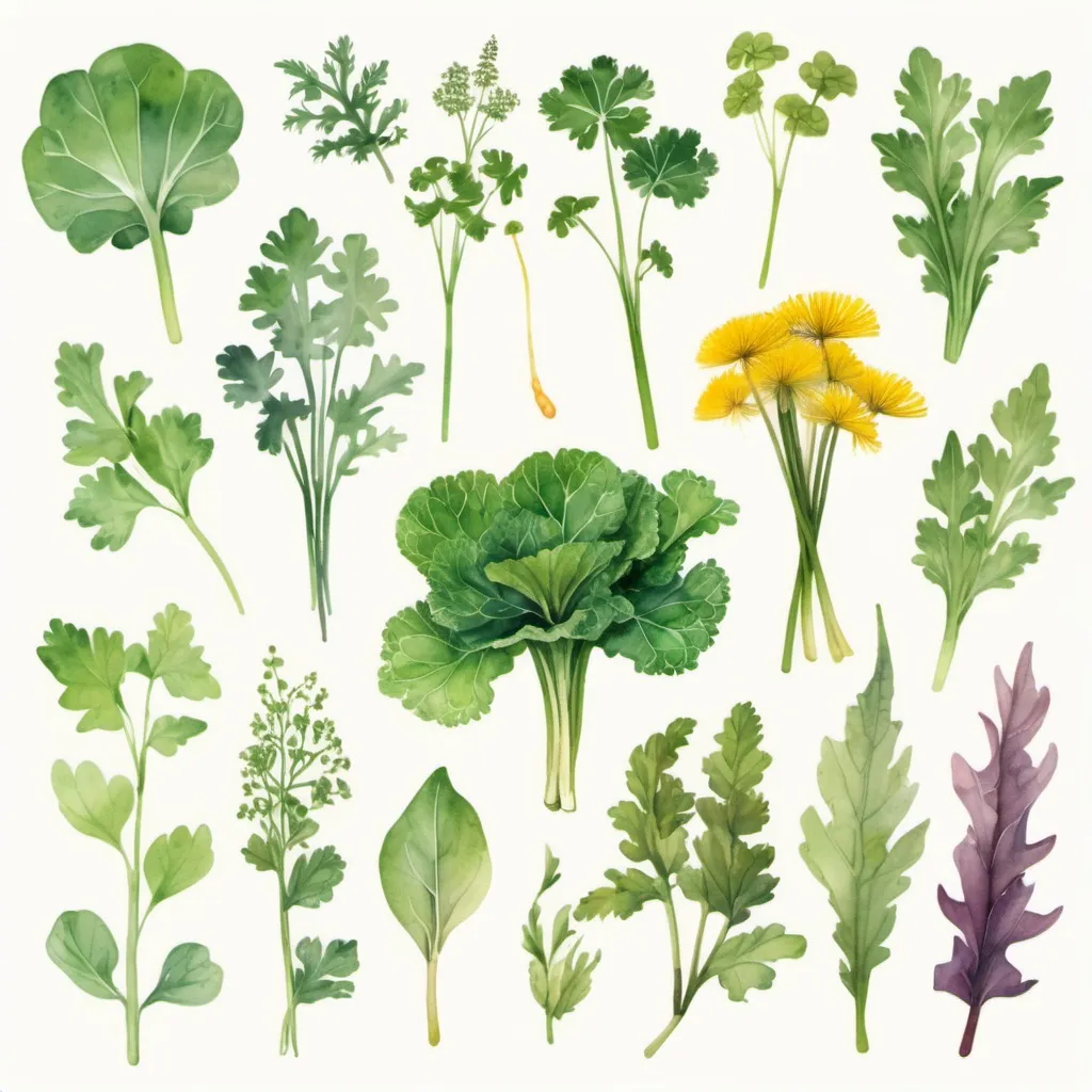 Prompt: create 12 watercolor-like images that correspond to a month of the year, from September to December. Each image represents an edible plant, in bright, colorful tones with a spiritual side. Kale, Lamb's lettuce, Nettle, Dandelion, Bear's garlic, Nasturtium, Basil, Mint, Watercress, Jerusalem artichoke, Wild leek, Salsify