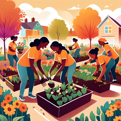 Prompt: A cheerful illustration of volunteers working together in a community garden, planting flowers, distributing food, and helping children, with bright and warm tones to evoke positivity.