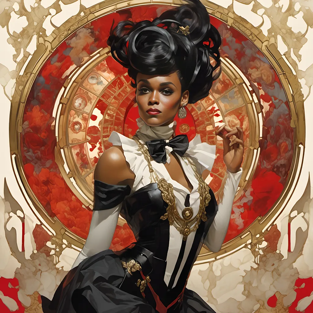 Prompt: A Janelle Monae's portrait, a stunning Alphonse Mucha's   masterpiece in  <mymodel> artstyle by Anders Zorn and Joseph Christian Leyendecker