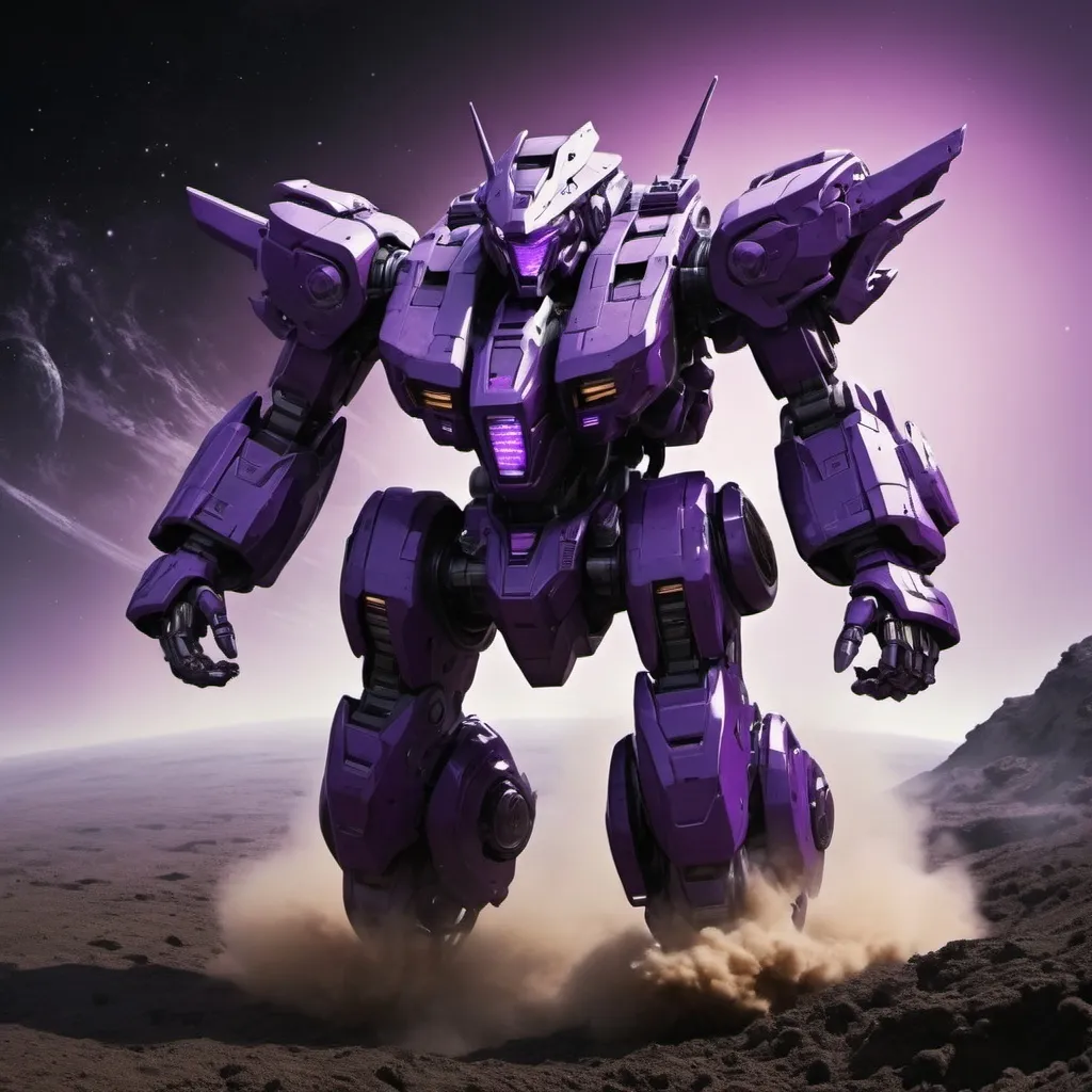 Prompt: mecha in purple/black design flting through earth
