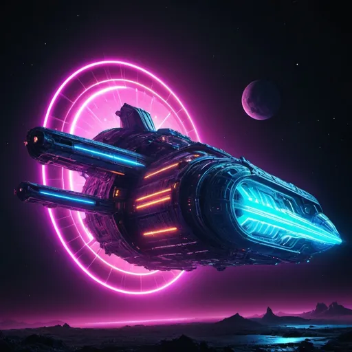 Prompt: generate an image of a huge spaceship with neon lighting


