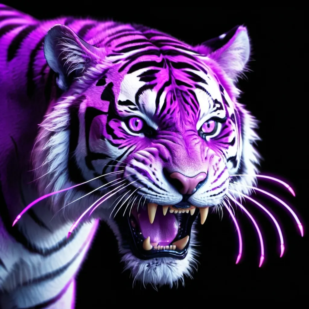 Prompt: generate a tiger with purple neon accent
 with its claws out and its teeth showing