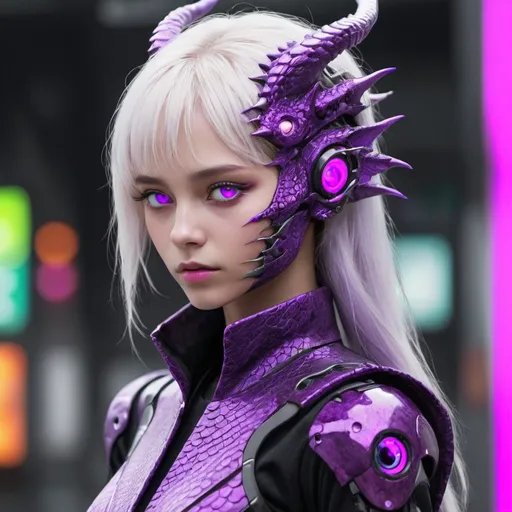 Prompt: generate ai  dragon  human with purple eyes and neon filled clothes