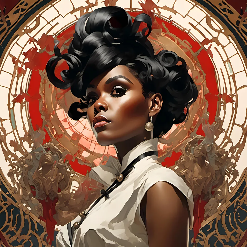 Prompt: A Janelle Monae's portrait, a stunning Alphonse Mucha's   masterpiece in  <mymodel> artstyle by Anders Zorn and Joseph Christian Leyendecker