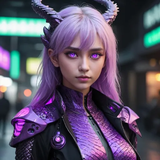 Prompt: generate ai  dragon demi human with purple eyes and neon filled clothes