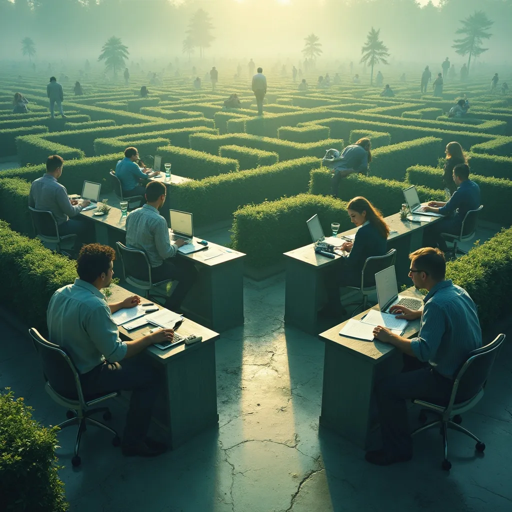 Prompt: mulitple business people tyring to make it out of a maze
