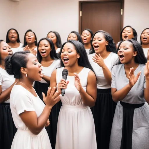 Prompt: Talk and beautiful women, singing and praising the Lord