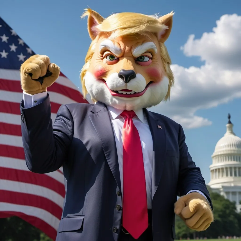 Prompt: donald trump wearing an american themed fursuit. he is holding the mask at his side with pumping his fist in the air.