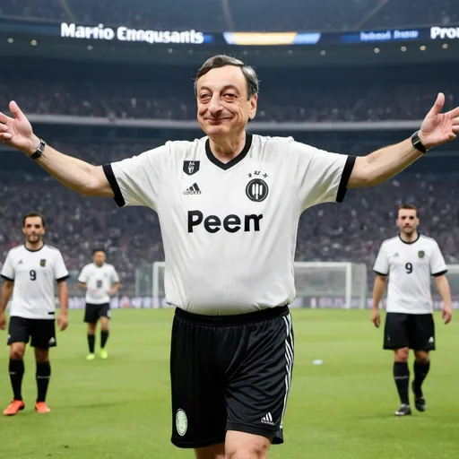 Prompt: Mario Draghi in a soccer jersey celebrating lowering interest rates