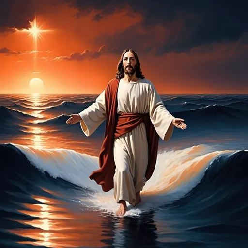 Prompt: quiero hacer una publicacion en facebook y mecesito una imagen de jesus cristo caminando sobre las aguas del mar con fondo azulado oscuro y rojoanaranjado en el cielo





