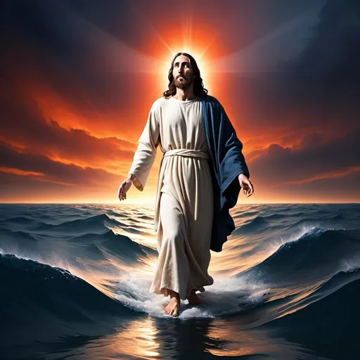 Prompt: quiero hacer una publicacion en facebook y mecesito una imagen de jesus cristo caminando sobre las aguas del mar con fondo azulado oscuro y rojoanaranjado en el cielo





