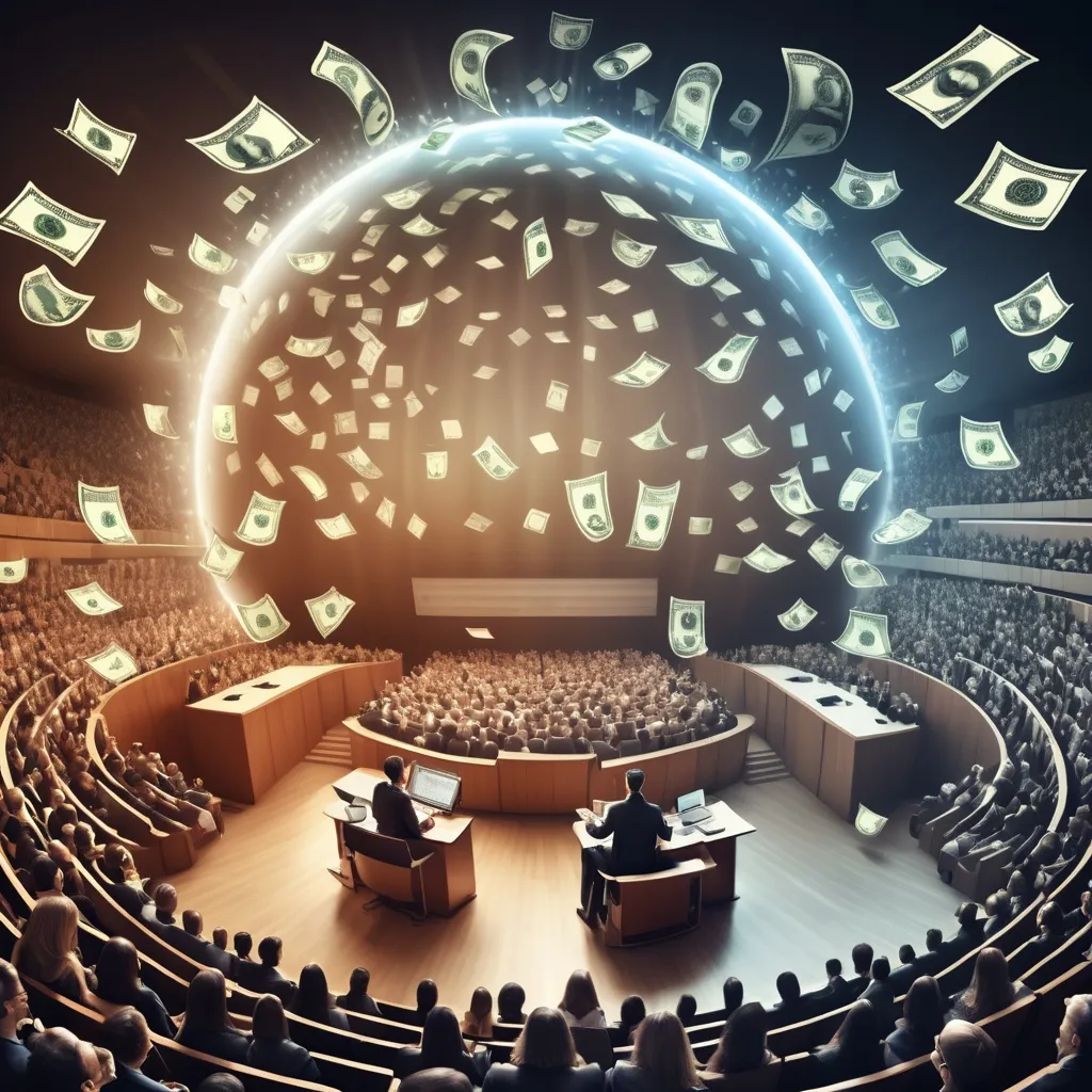 Prompt: Creame una image con estas caracteristicas:Para obtener los mejores resultados en todos los dispositivos, usa una imagen de 2048 × 1152 píxeles como mínimo y 6 MB como máximo. que salga en un auditorium lleno de personas que esten onservandome dando una conferencia sobre finanzas, donde los simbolos que aparezcas sean todo de dinero, billetes en dolaresm euros y mas asociados a varias monedas digitales virtuales de criptomonedes agregar bitcoins, eterium 





