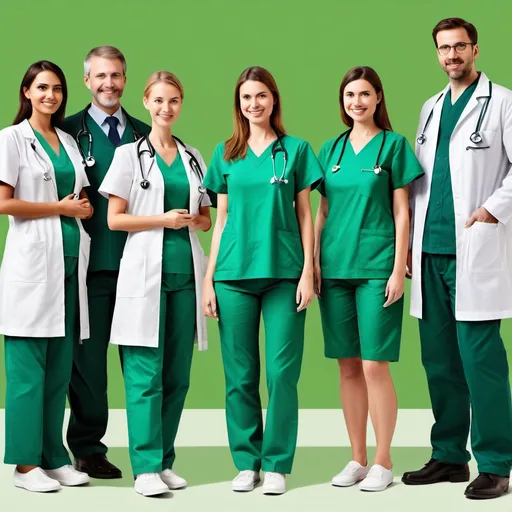 Prompt: Crear una imagen de un equipo medico interactuando con pacientes donde los uniformes sean verdes para los medicos y los pacientes esten vestidos vcasualmente. que el fondo sea como las imagenes que me haxz creado anteriormente que esta muy bueno

