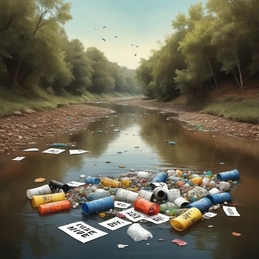 Prompt: Symbolic digital art of a 'no littering' message, vibrant and eye-catching, realistic digital painting, earthy color tones, serene river setting, floating plastic waste in the water, powerful message conveyed through imagery, high quality, detailed, realistic, environmental message, symbolic, digital painting, earthy tones, serene river, plastic waste, environmental message, powerful imagery, vibrant colors, high quality