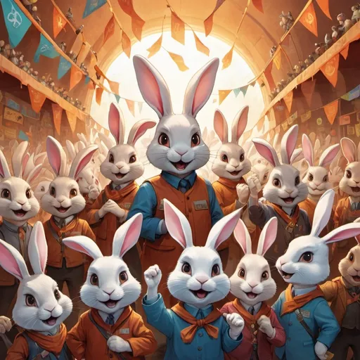 Prompt: (rabbit central leading group), concept of comprehensive reform, (dynamic scene), engaging characters demonstrating unity, vibrant colors, warm tones, surrounded by banners symbolizing restoration, (inspiring environment), subtle glowing lights, detailed background elements promoting teamwork, significant imagery, (high-quality) art representation, emphasizing hope and progress, (ultra-detailed) illustrations.