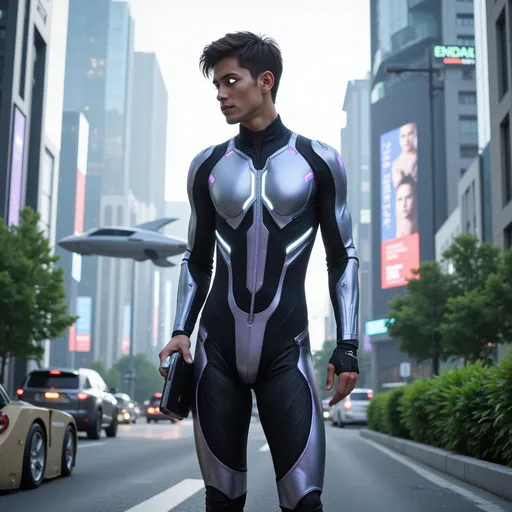 Prompt: A young man in his early 20s, typical of the year 2200. His outfit is sleek and futuristic, featuring a form-fitting, iridescent jumpsuit with subtle glowing accents in the seams, reflecting advanced material technology. His hair is styled in a modern, gravity-defying cut, with some strands glowing faintly, perhaps enhanced by nanotechnology. His eyes are augmented with a faintly visible, high-tech lens overlay, hinting at cybernetic enhancements for improved vision and data access. The background shows a futuristic urban environment with floating vehicles, towering holographic advertisements, and greenery integrated into sleek architecture. The young man carries a slim, tablet-like device that appears holographic when activated. His posture and expression are confident and relaxed, embodying the ease of someone accustomed to a technologically advanced society.