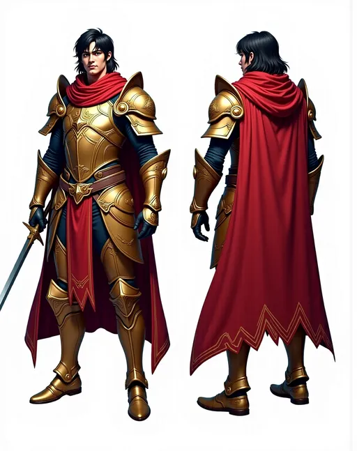 Prompt: A full-body character sheet of digital painting male armored knight 3b86be2c with black hair, gold armor with red accents, red cape, holding a sword displayed in three clear views on a clean white background, arranged in a three-column grid pattern with equal spacing and importance. Left panel: front view showing complete anatomical details and outfit. Center panel: perfect 90-degree side view (profile) clearly showing the character's side silhouette, facial profile, and outfit from a direct lateral perspective. Right panel: back view revealing posterior details Each view maintains consistent scale, lighting, and full-body presentation from head to toe. All three perspectives must be equally detailed and given equal prominence in the composition.