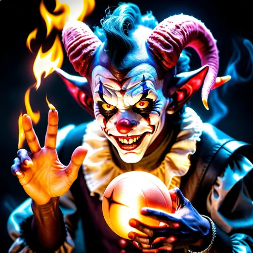 Prompt: hyper-realistic Tiefling character with fire hands, fantasy character art, illustration, dnd, warm a drawing of a creepy clown with a ball in the air and a spider on his head, with a long nose and a nose, Altichiero, black arts movement, eldritch, a drawing