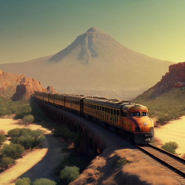 Prompt: Train and car traversing a map of Mexico, train winding through mountains, car driving on desert highway, Mexico City in the distance, realistic 3D rendering, high resolution, detailed landscape, vintage travel poster style, warm earthy tones, sunlight casting long shadows, Mexico City skyline, train steam adding atmosphere, vintage travel, desert landscape, mountainous terrain, scenic route, realistic 3D, high quality, vintage style, warm tones, sunlight, detailed