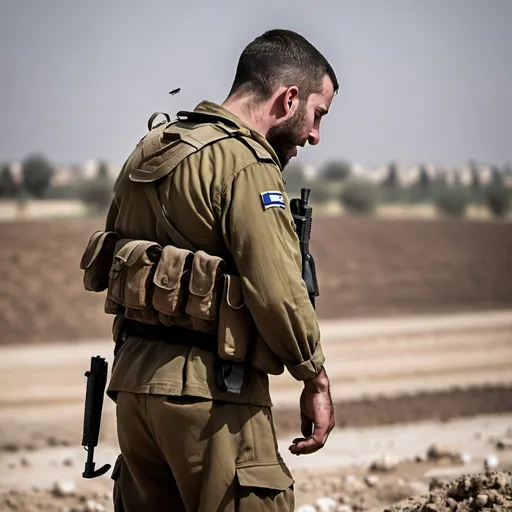 Prompt: a Israeli soilder in the battlefield crying facing foward(I see his back)