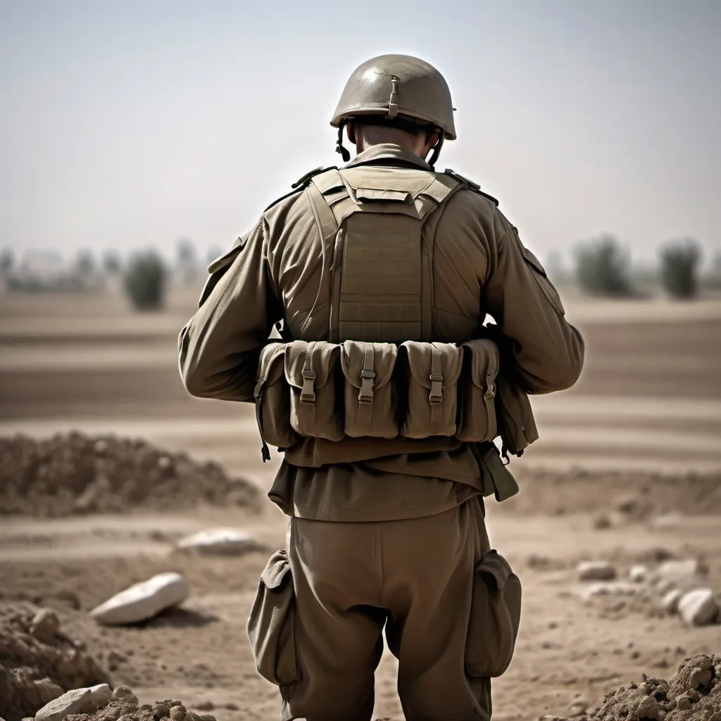 Prompt: a Israeli soilder in the battlefield crying facing foward(I see his back)