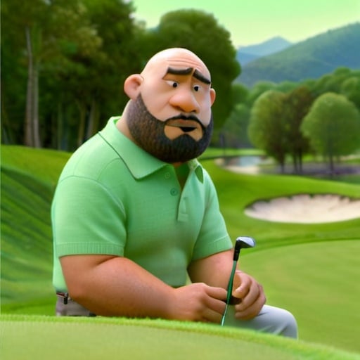 Prompt: A contemplative and deliberate (((Pacific Island man))) with a distinguished goatee, sporting a bald head, and wearing a baseball cap poised on a pristine, golfer-friendly golf course, concentrating intensely as he swings, the scene set against a backdrop of emerald fairways and meticulously tended greens. Include golf clubs in the image