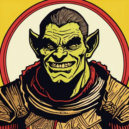 Prompt: A medieval woodcut of a orc. He is smiling, he is slim. Color palette is yellow and red. He has a small head, is beautiful. He has hair and is a young orc.