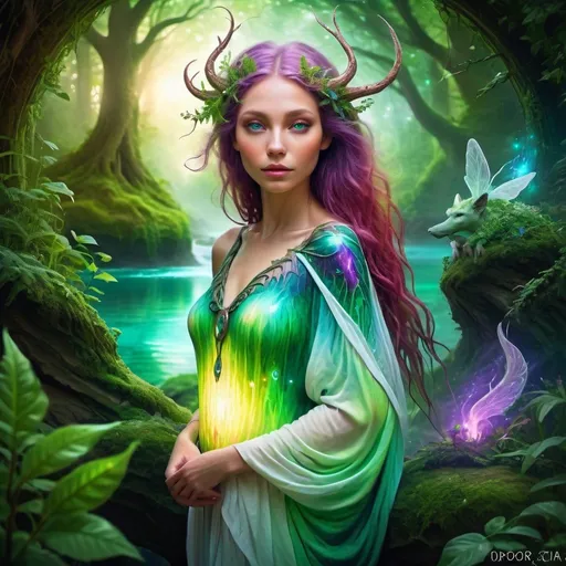 Prompt: Visions of Gaia, vibrant natural elements, mystical creatures, lush greenery, ethereal atmosphere, high quality, fantasy art, vibrant colors, soft natural lighting, detailed textures, magical creatures, mythical beings, nature spirits, mystical essence, enchanting landscape, dreamy ambiance