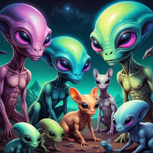 Prompt: Detailed illustration of a group of alien creatures with small pets, vibrant and otherworldly colors, high quality, digital painting, alien creatures, small kif pets, exotic landscape, surreal atmosphere, intricate details on alien anatomy and features, sparkling eyes, fantasy, vibrant colors, atmospheric lighting