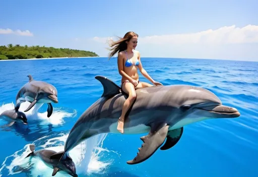 Prompt: Girl ride dolphin in blue water and a lot of dolphins around 