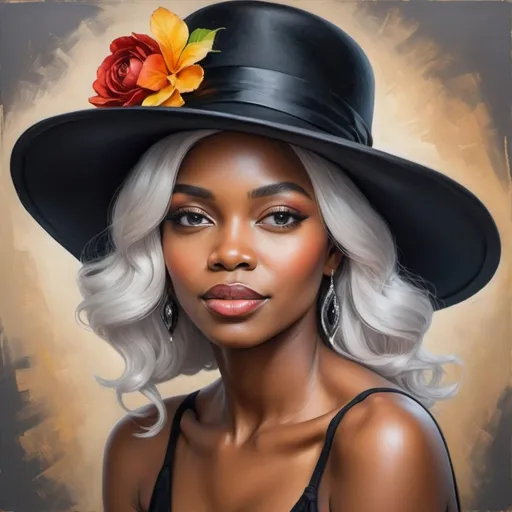 Prompt: Beautiful woman platinum hair  with a beautifull black lady hat, oil painting, elegant, detailed facial features, vibrant colors, high quality, realistic, vintage style, warm tones, soft lighting, detailed hat, graceful pose, 