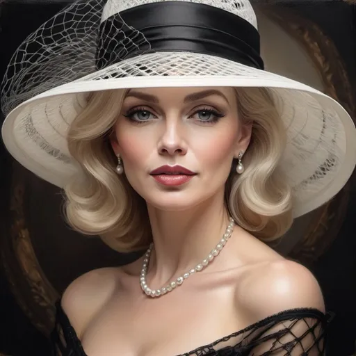 Prompt: Elegant woman in her forties, white, light hair, wearing a glamorous black hat with nets, high fashion, detailed facial features, oil painting, vintage glam, refined elegance, highres, detailed, vintage, elegant, glamorous, black and white, soft lighting, vintage glamor