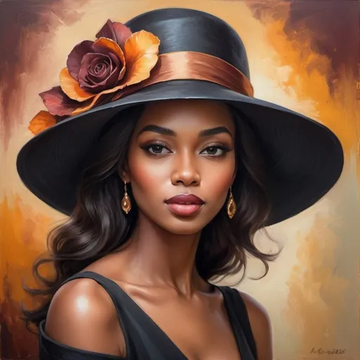 Prompt: Beautiful woman with a black lady hat, oil painting, elegant, detailed facial features, vibrant colors, high quality, realistic, vintage style, warm tones, soft lighting, detailed hat, graceful pose, professional artistry